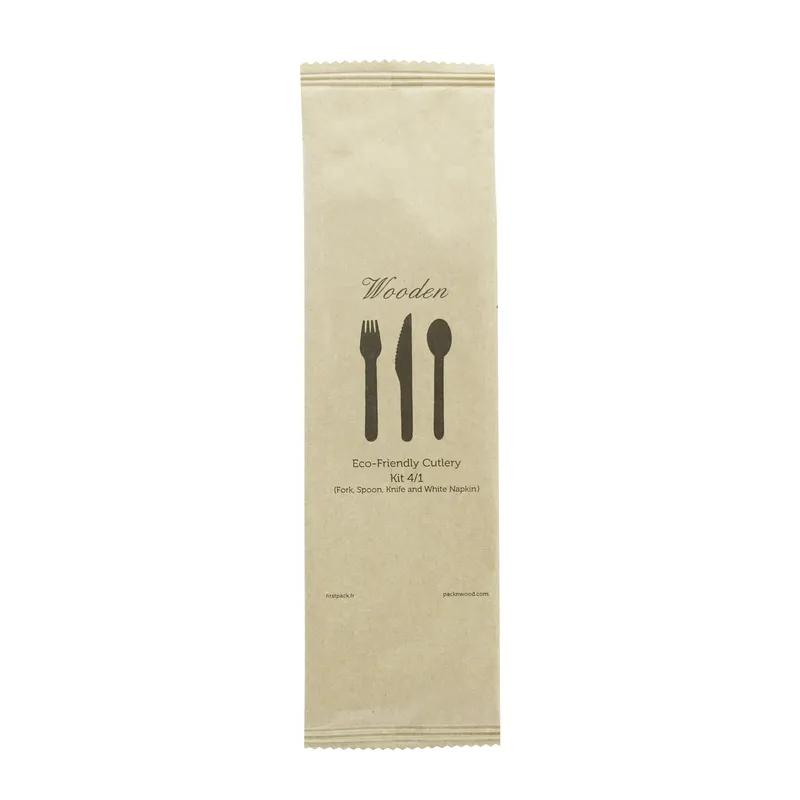 Cutlery Kit 6.2 IN Wood Natural Oven Safe With Napkin,Knife,Fork,Spoon 50 Count/Pack 5 Packs/Case 250 Count/Case