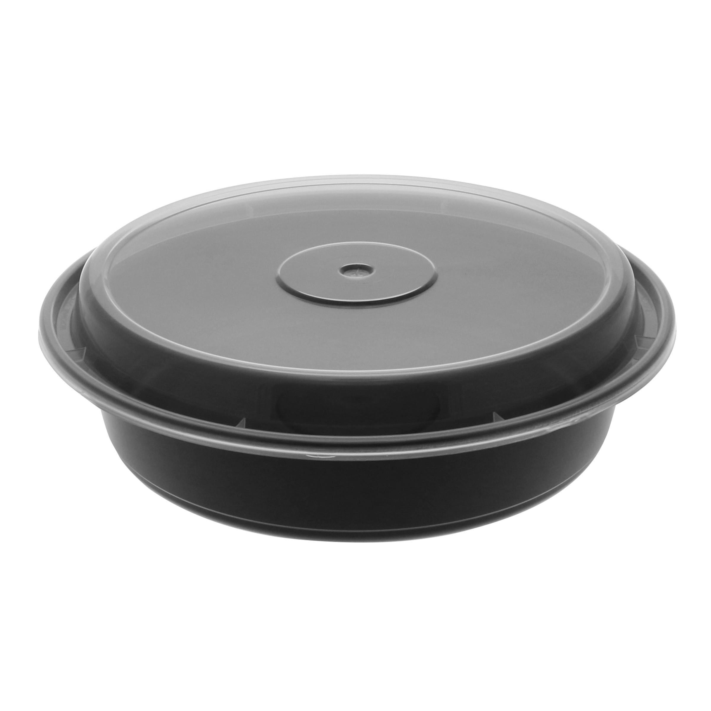 Take-Out Container Base & Lid Combo With Dome Lid 35 OZ PP Black Clear Round 150/Case