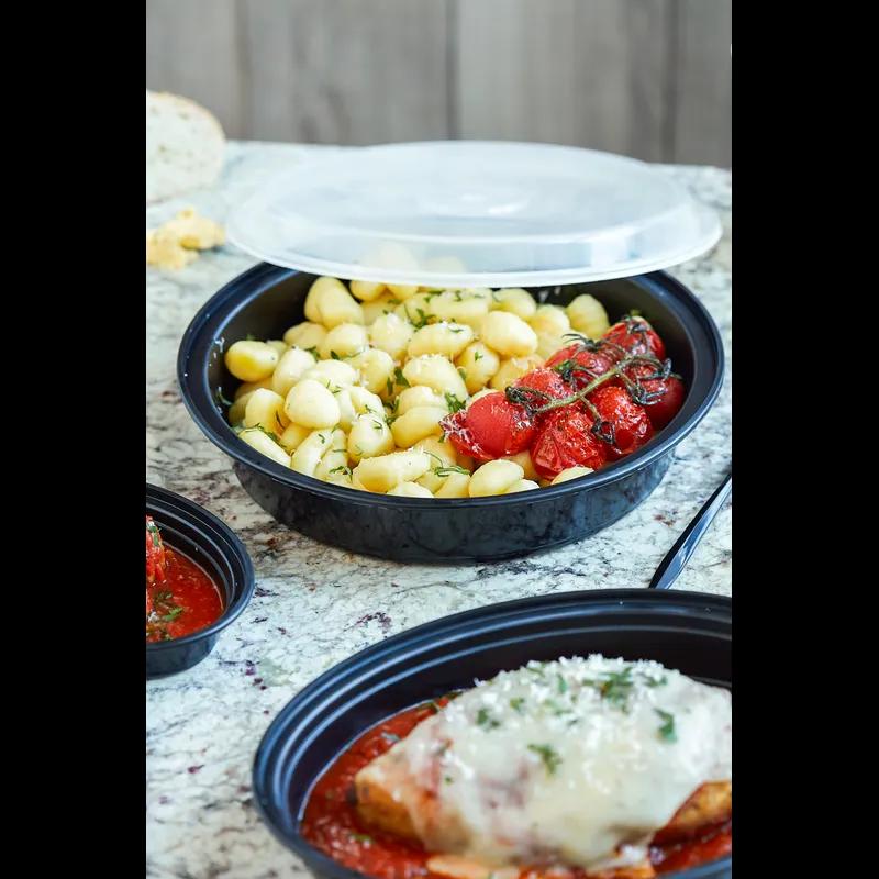 Take-Out Container Base & Lid Combo With Dome Lid 35 OZ PP Black Clear Round 150/Case