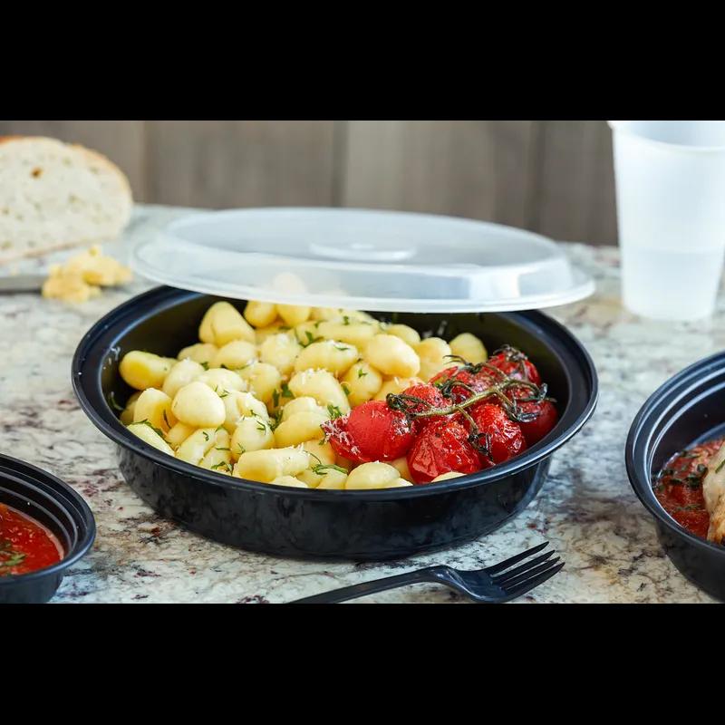 Take-Out Container Base & Lid Combo With Dome Lid 35 OZ PP Black Clear Round 150/Case