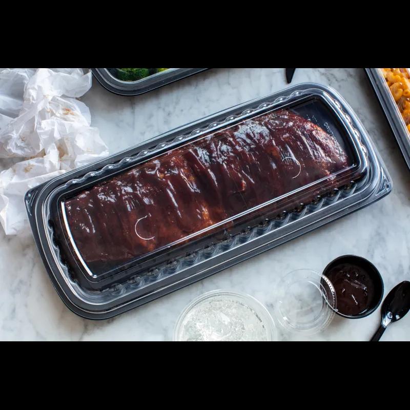 Full Slab Rib Take-Out Container Base & Lid Combo With Dome Lid 41.9 OZ MFPP OPS Black Clear Rectangle Anti-Fog 80/Case
