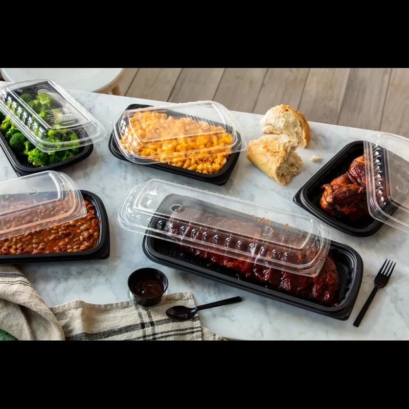 Full Slab Rib Take-Out Container Base & Lid Combo With Dome Lid 41.9 OZ MFPP OPS Black Clear Rectangle Anti-Fog 80/Case