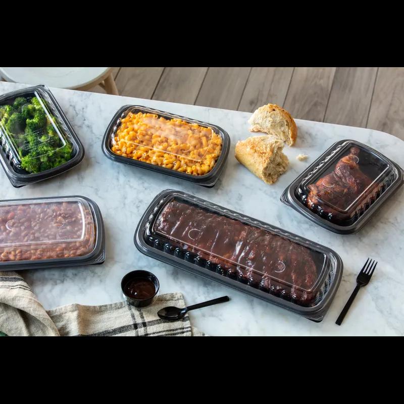 Full Slab Rib Take-Out Container Base & Lid Combo With Dome Lid 41.9 OZ MFPP OPS Black Clear Rectangle Anti-Fog 80/Case