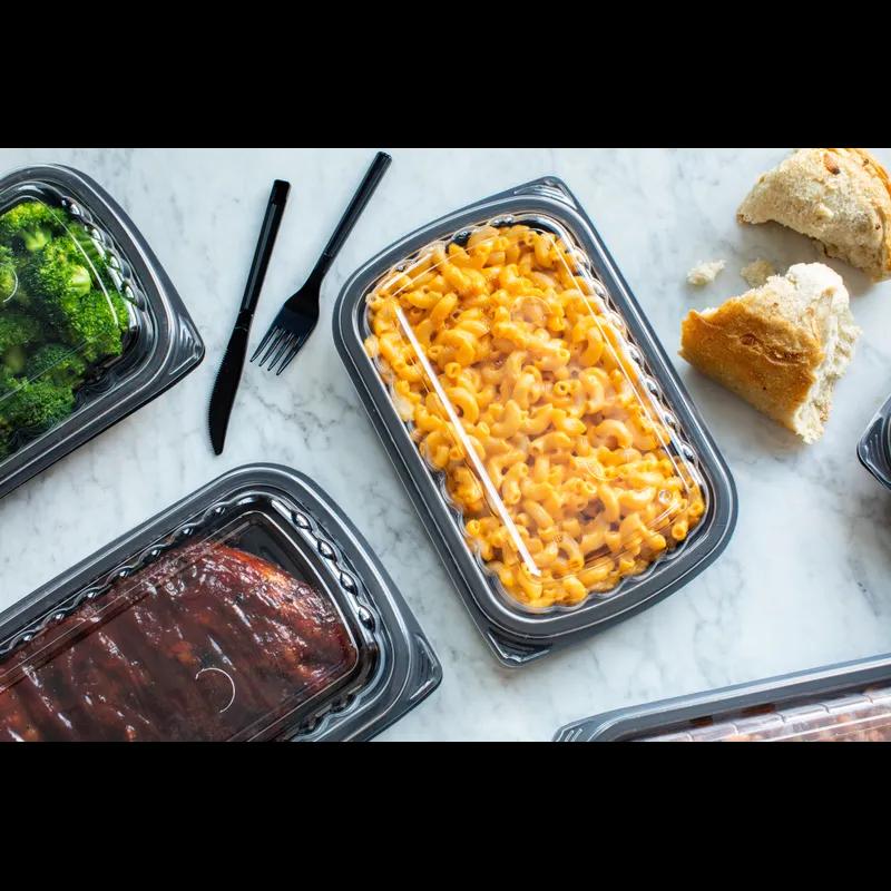 Full Slab Rib Take-Out Container Base & Lid Combo With Dome Lid 41.9 OZ MFPP OPS Black Clear Rectangle Anti-Fog 80/Case