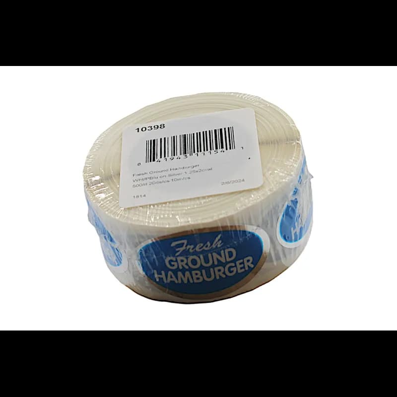 Fresh Ground Hamburger Meat Label 1.25X2 IN Silver White Blue Oval 500 Count/Roll 20 Rolls/Case 10000 Count/Case