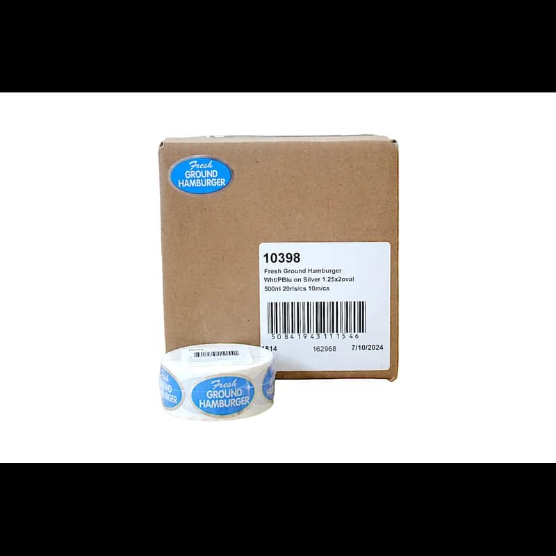 Fresh Ground Hamburger Meat Label 1.25X2 IN Silver White Blue Oval 500 Count/Roll 20 Rolls/Case 10000 Count/Case