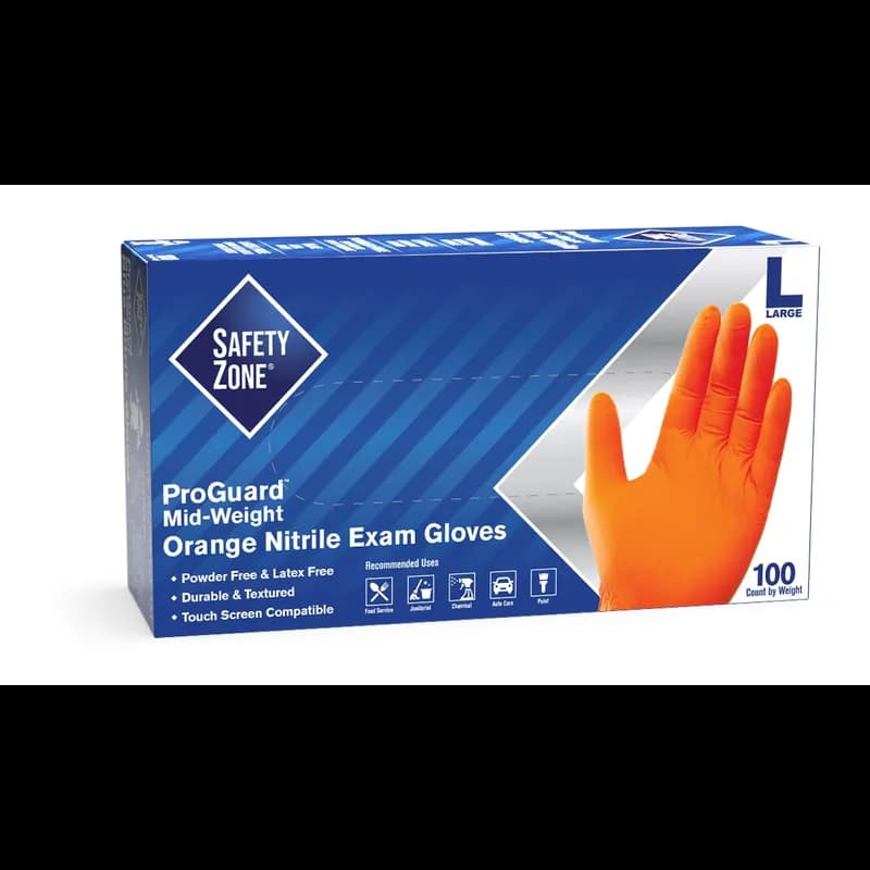 Safety Zone® Gloves XL Orange 4MIL Nitrile Powder-Free 100 Count/Box 10 Box/Case