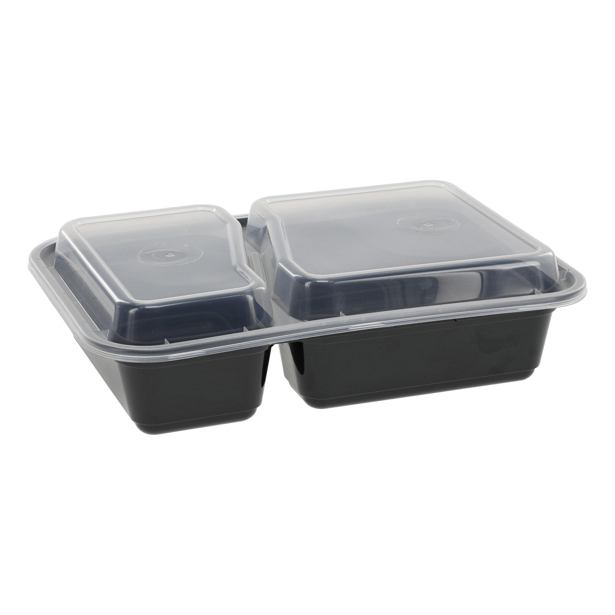 Take-Out Container Base & Lid Combo With Dome Lid 30 OZ 2 Compartment PP Black Clear Rectangle 150/Case