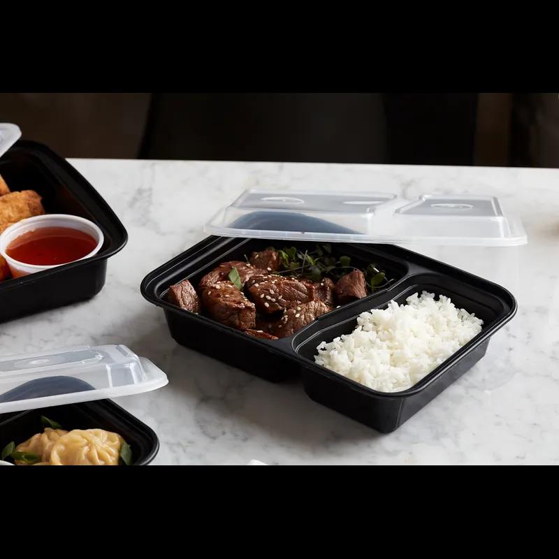 Take-Out Container Base & Lid Combo With Dome Lid 30 OZ 2 Compartment PP Black Clear Rectangle 150/Case