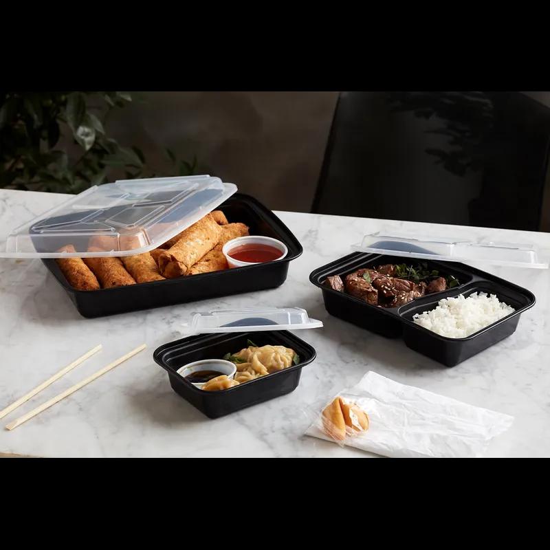 Take-Out Container Base & Lid Combo With Dome Lid 30 OZ 2 Compartment PP Black Clear Rectangle 150/Case