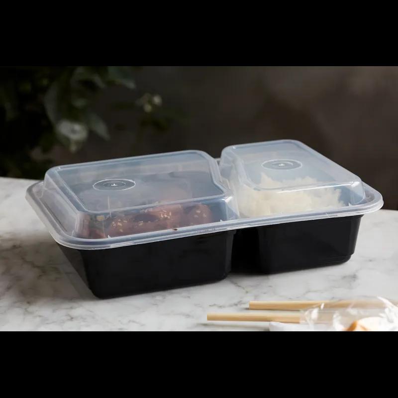 Take-Out Container Base & Lid Combo With Dome Lid 30 OZ 2 Compartment PP Black Clear Rectangle 150/Case