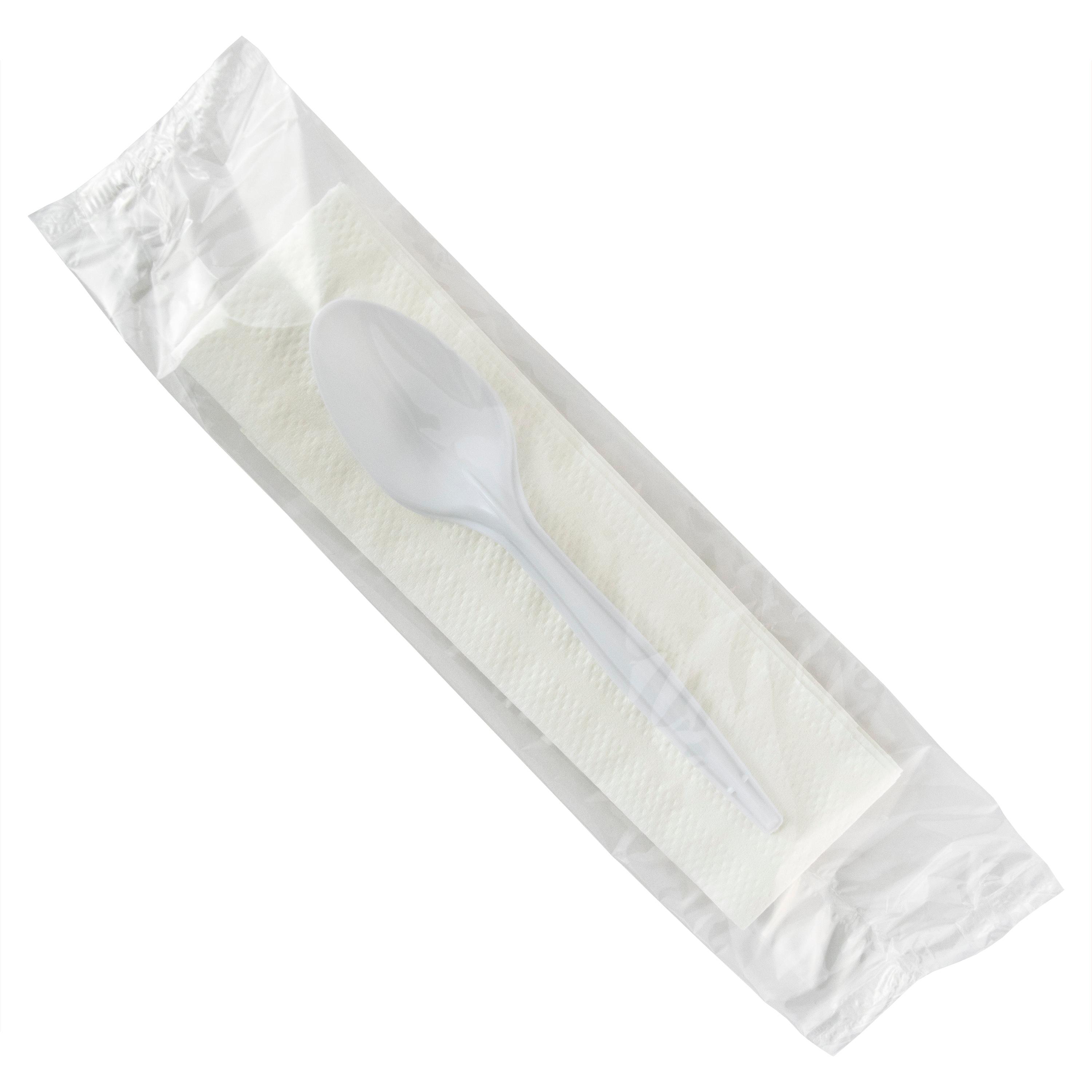 2PC Cutlery Kit PP White Medium Weight Individually Wrapped With Napkin, Spoon 1000/Case