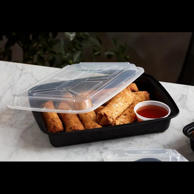 Take-Out Container Base & Lid Combo With Dome Lid 58 OZ PP Black Clear Oblong 150/Case