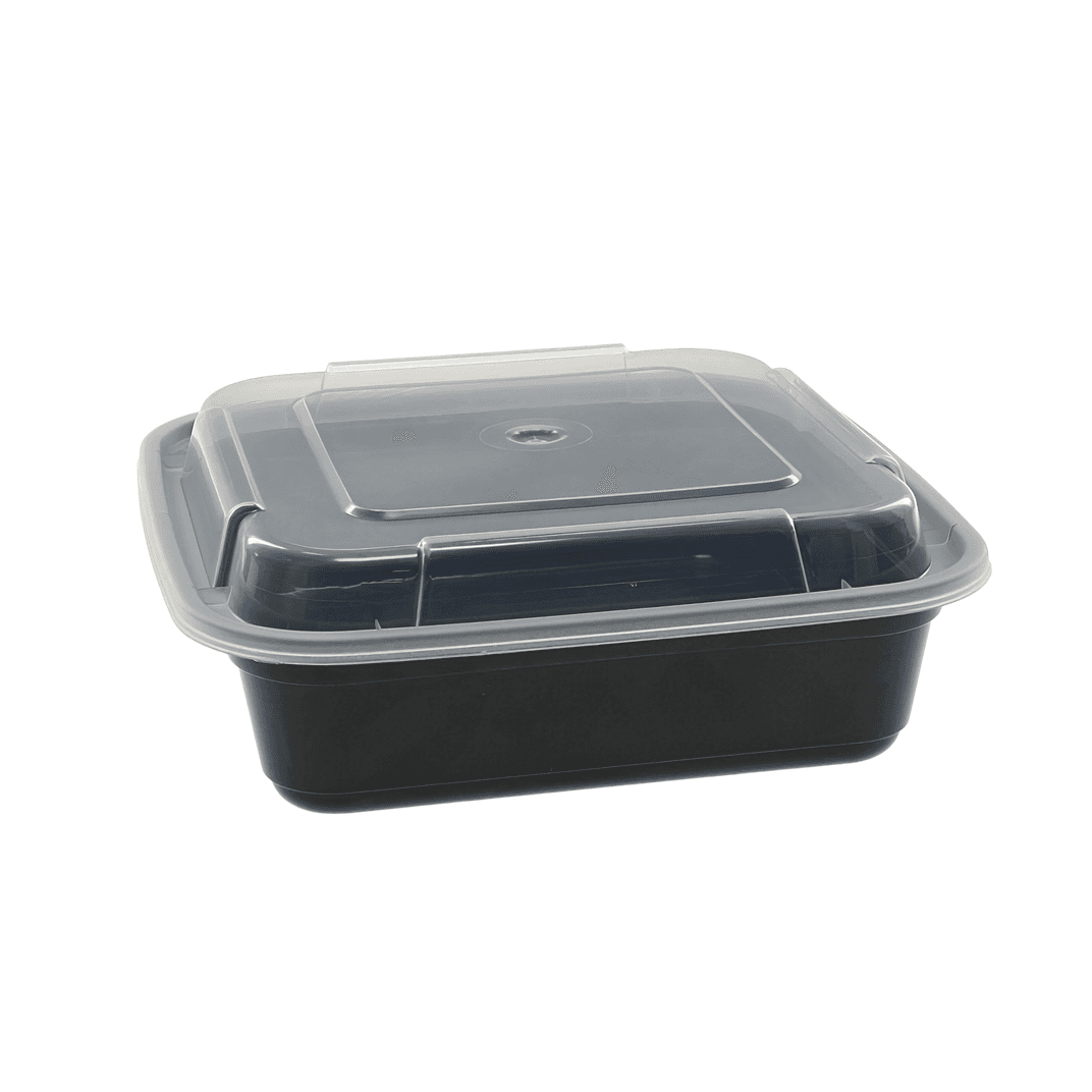 Take-Out Container Base & Lid Combo With Dome Lid 26 OZ PP Black Clear Square 150/Case
