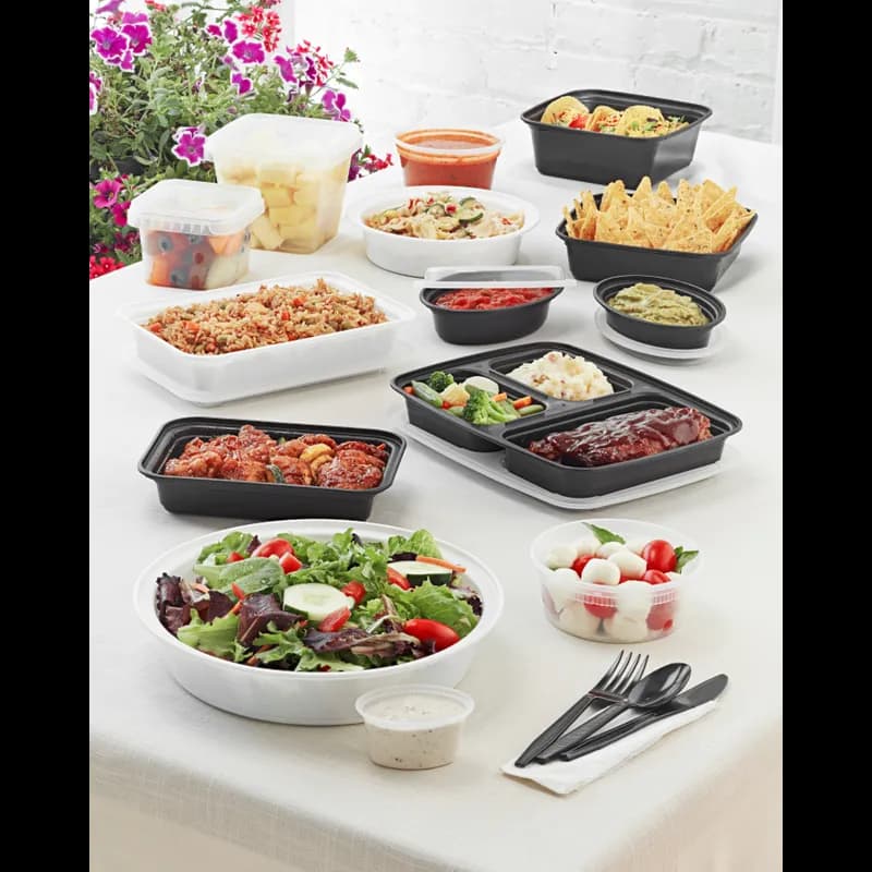 VERSAtainer® Take-Out Container Base & Lid Combo With Dome Lid 36 OZ PP Black Clear Square 150/Case
