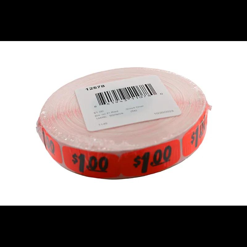 $1.00 Label 0.625X1.25 IN Black Red Short Oval 1000 Count/Roll 50 Rolls/Case