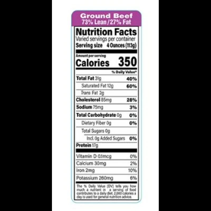 Ground Beef 73/27 Label 1.5X4.125 IN Purple Black Nutritional Facts 1000/Roll