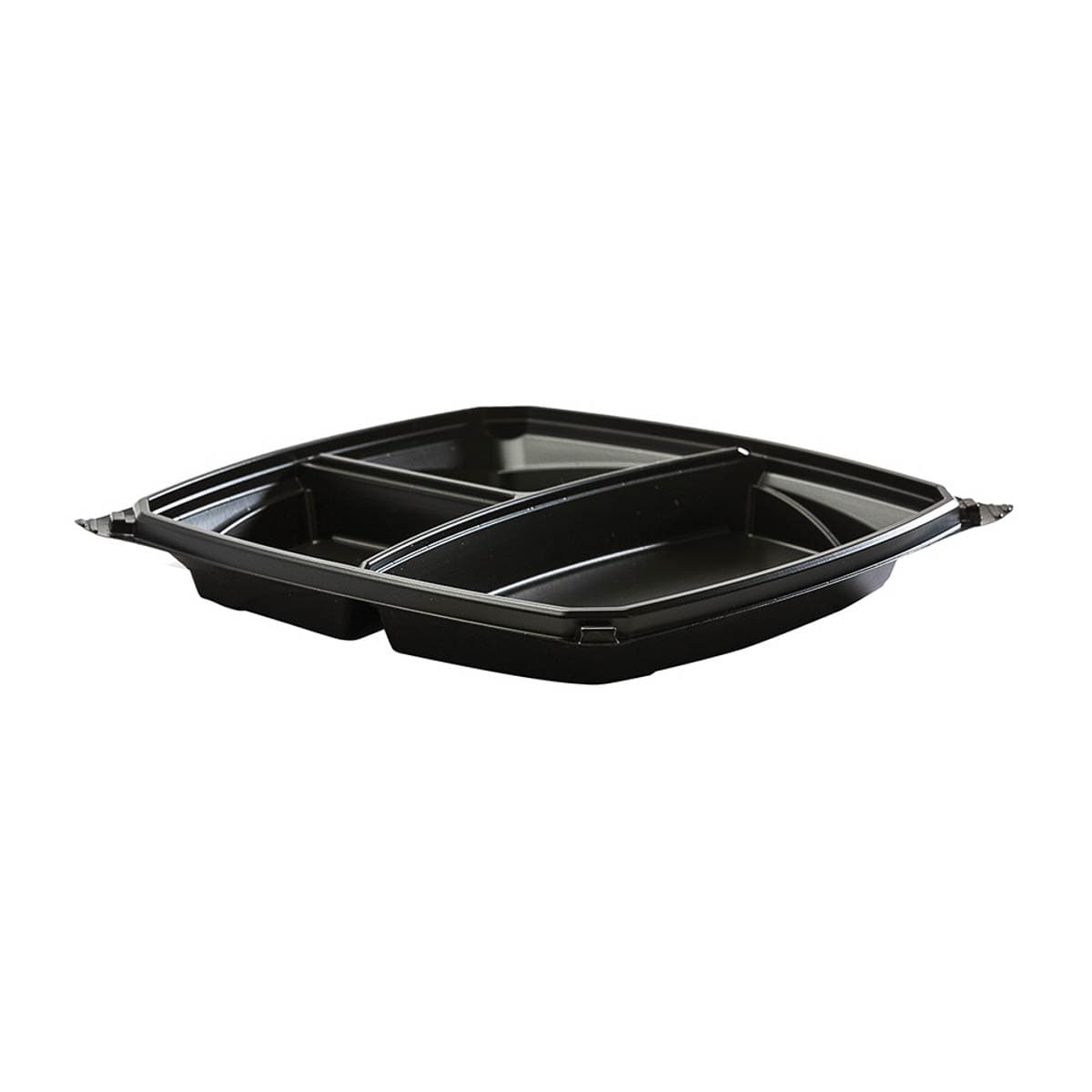 The BOTTLEBOX ® Take-Out Container Base 9X9X1.15 IN 3 Compartment PP Black Square 600/Case