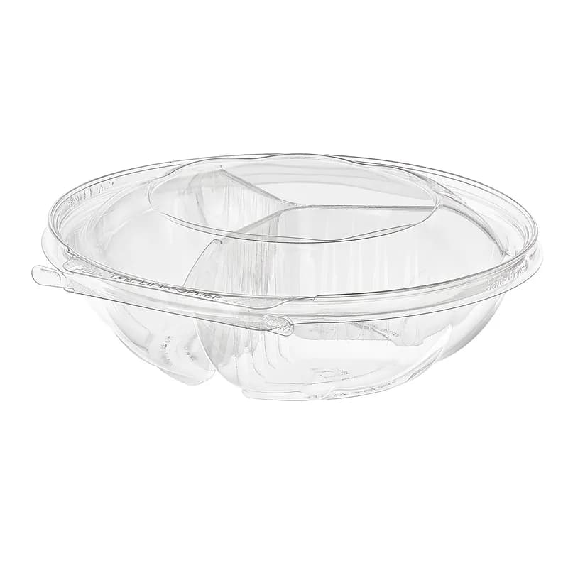 Safe-T-Fresh® Deli Container Hinged With Dome Lid 52 OZ 3 Compartment RPET Clear Round 100/Case