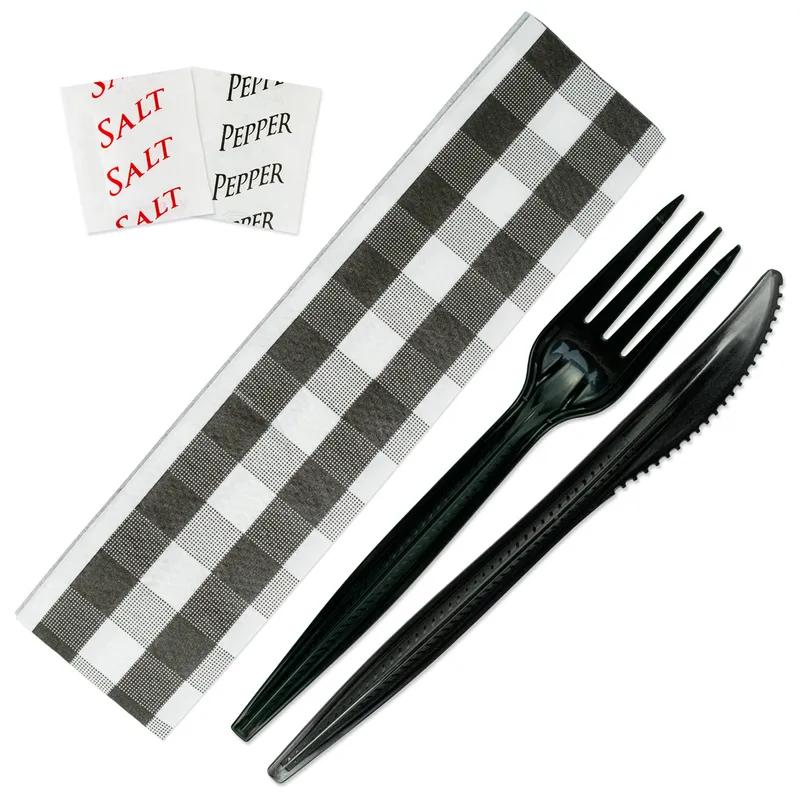 5PC Cutlery Kit PP Black With Black White 2PLY 13X17 Napkin,Knife,Fork,Salt & Pepper 250/Case