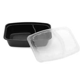 Take-Out Container Base & Lid Combo With Dome Lid 28 OZ 2 Compartment Plastic Black Clear Rectangle 150/Case