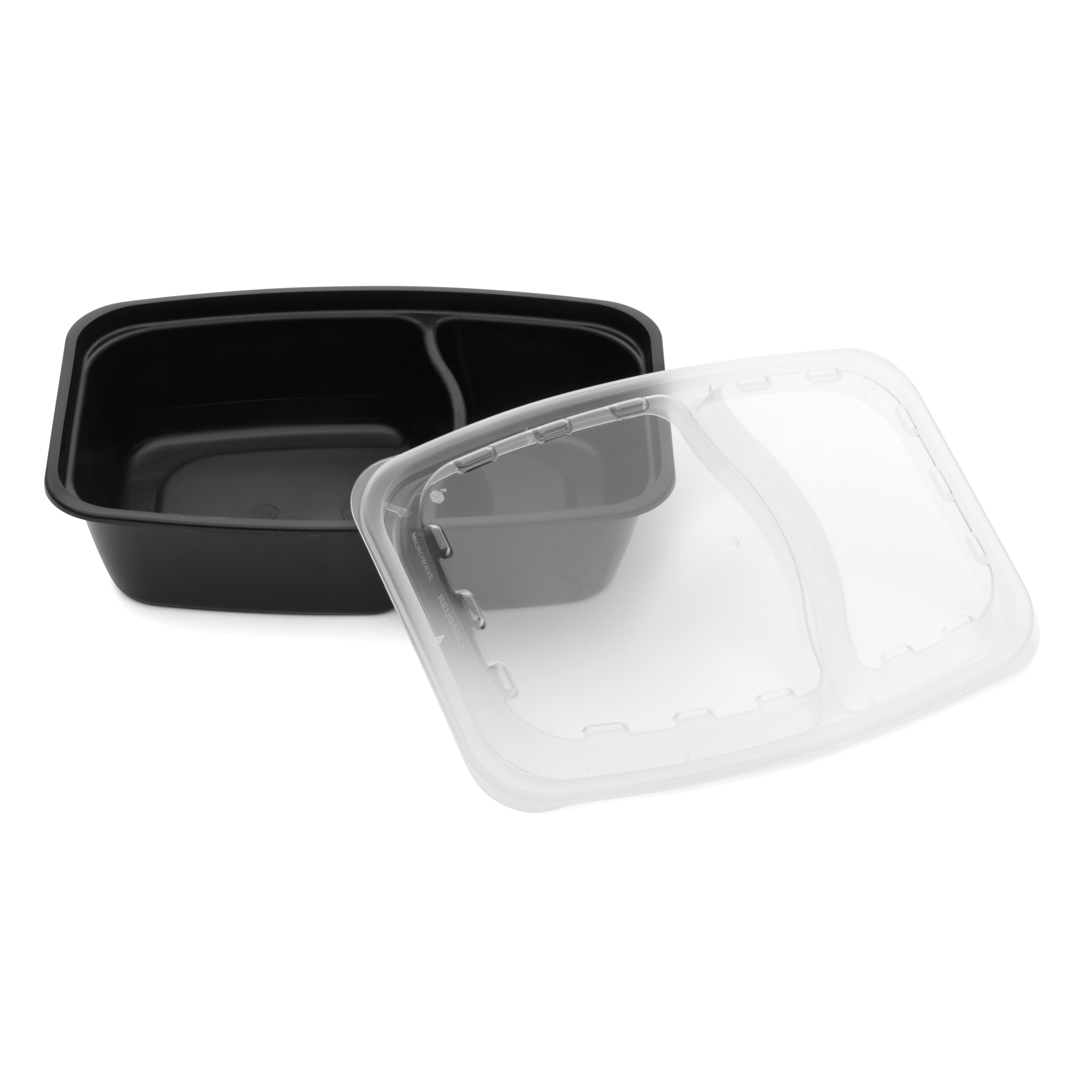 Take-Out Container Base & Lid Combo With Dome Lid 28 OZ 2 Compartment Plastic Black Clear Rectangle 150/Case