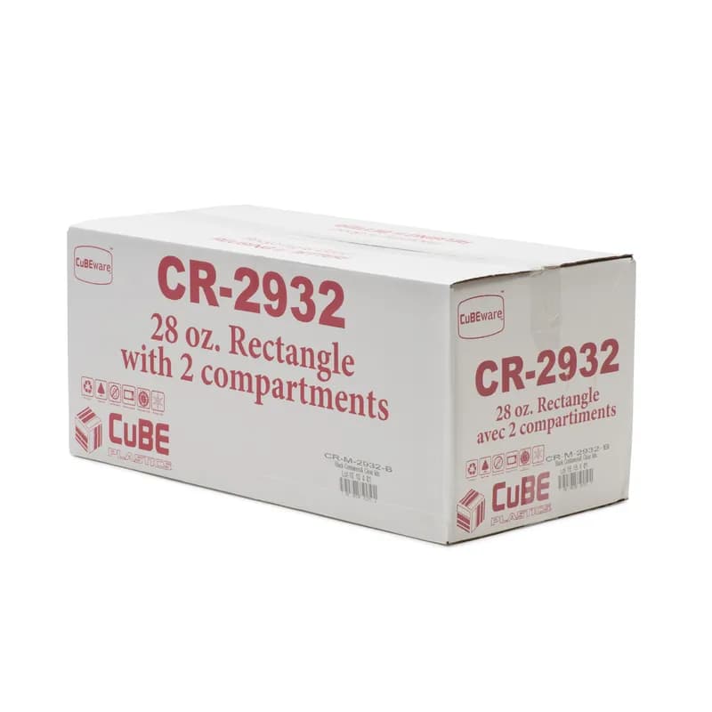 Take-Out Container Base & Lid Combo With Dome Lid 28 OZ 2 Compartment Plastic Black Clear Rectangle 150/Case