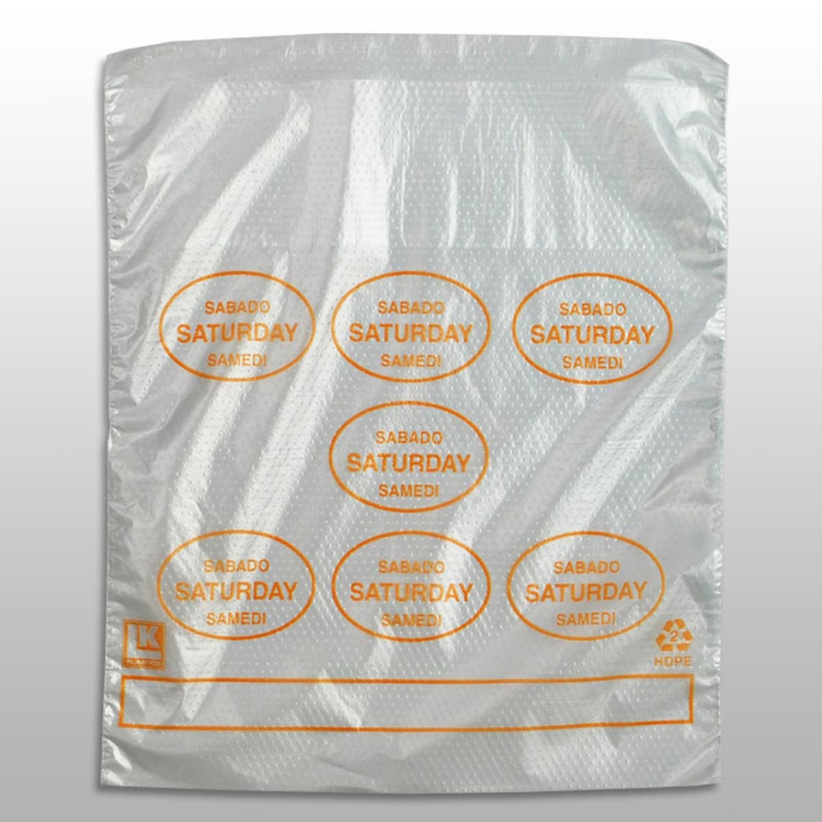 Bag 6.5X7+1.75 IN HDPE 0.5MIL Clear Orange Saturday With Lip & Flip Closure Portion Bag Saddlepack Flat 2000/Case