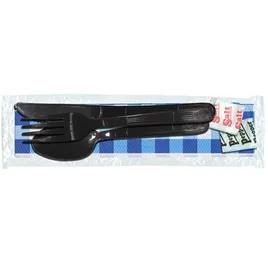 6PC Cutlery Kit PP Black Heavy Duty With Blue Gingham 2PLY Napkin,Fork,Knife,Salt & Pepper,Spoon 250/Case