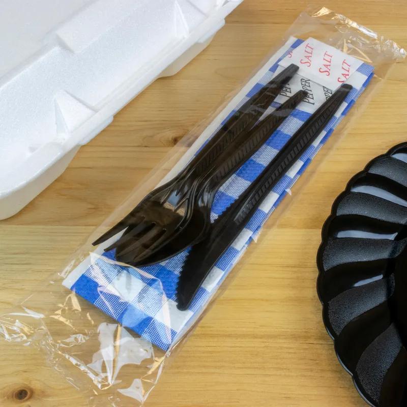 6PC Cutlery Kit PP Black Heavy Duty With Blue Gingham 2PLY Napkin,Fork,Knife,Salt & Pepper,Spoon 250/Case