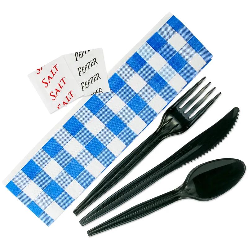 6PC Cutlery Kit PP Black Heavy Duty With Blue Gingham 2PLY Napkin,Fork,Knife,Salt & Pepper,Spoon 250/Case