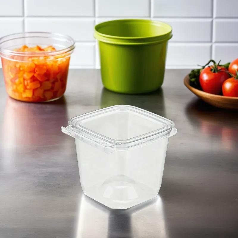 Safe-T-Fresh® Deli Container Hinged With Flat Lid 23 OZ PET Clear Square 264/Case