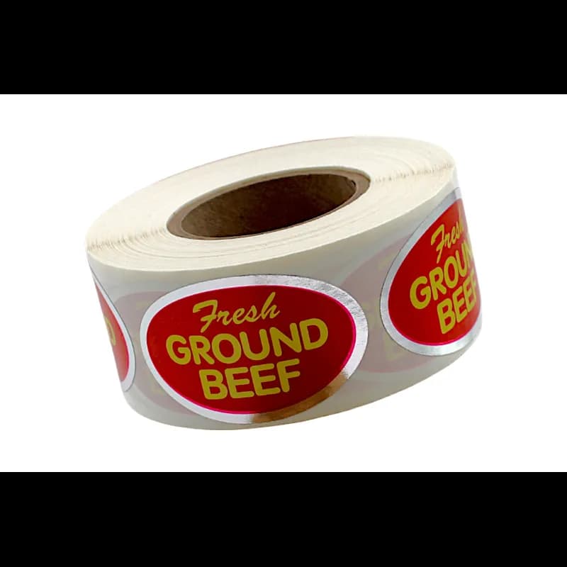 Fresh Ground Beef Meat Label 1.25X2 IN Silver Yellow White Red Oval 500 Count/Roll 20 Rolls/Case 10000 Count/Case
