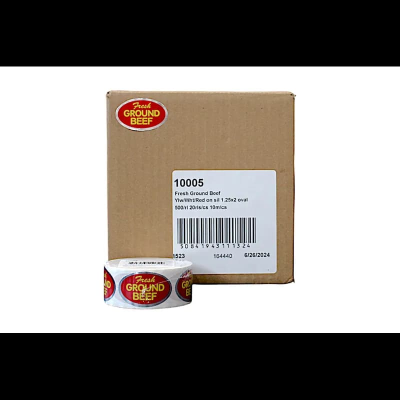Fresh Ground Beef Meat Label 1.25X2 IN Silver Yellow White Red Oval 500 Count/Roll 20 Rolls/Case 10000 Count/Case