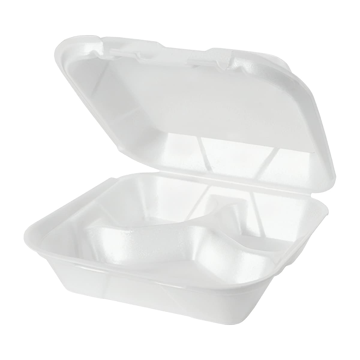 Take-Out Container Hinged Medium (MED) 8.25X8X3 IN 3 Compartment Polystyrene Foam White Vented 200/Case