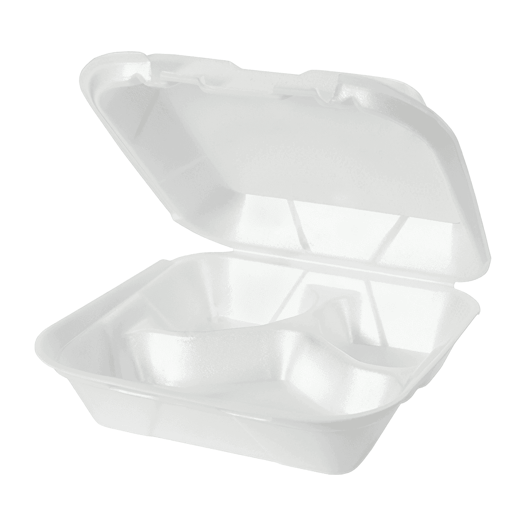Take-Out Container Hinged Medium (MED) 8.25X8X3 IN 3 Compartment Polystyrene Foam White Vented 200/Case