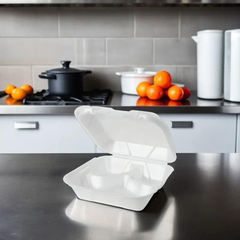 Take-Out Container Hinged Medium (MED) 8.25X8X3 IN 3 Compartment Polystyrene Foam White Vented 200/Case