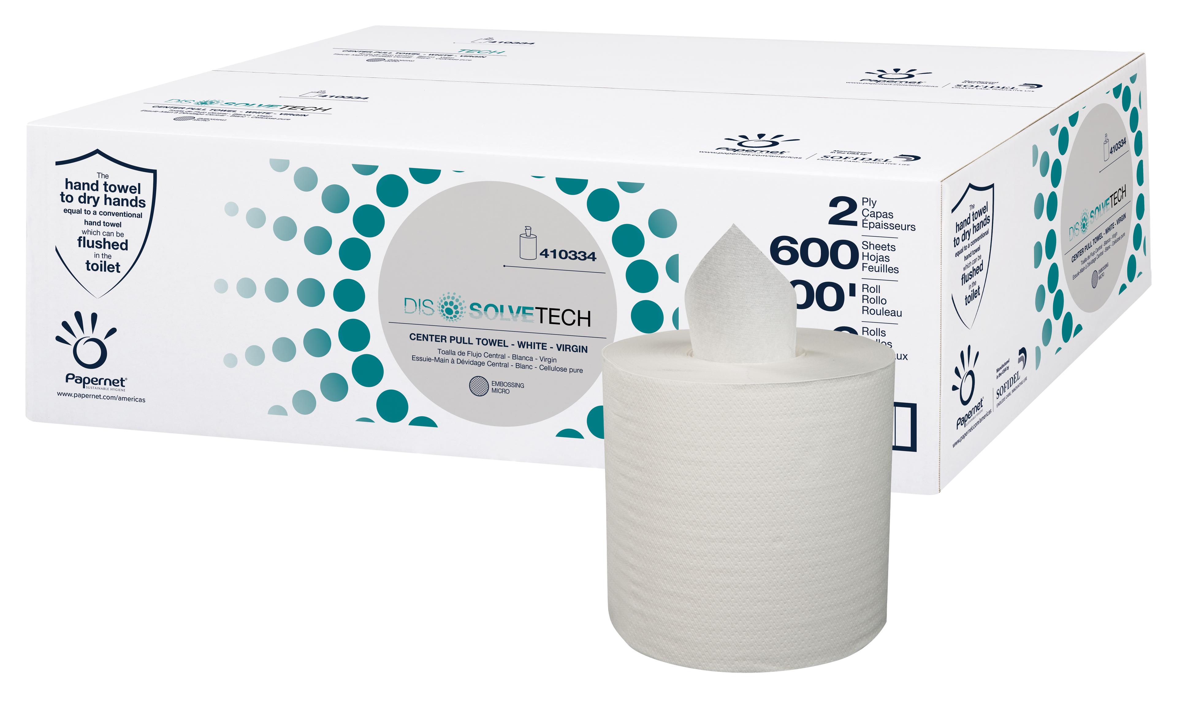 Dissolve Tech Roll Paper Towel 500 FT 2PLY Virgin Pulp Centerpull 2.91IN Core Diameter 600 Sheets/Roll 6 Rolls/Case
