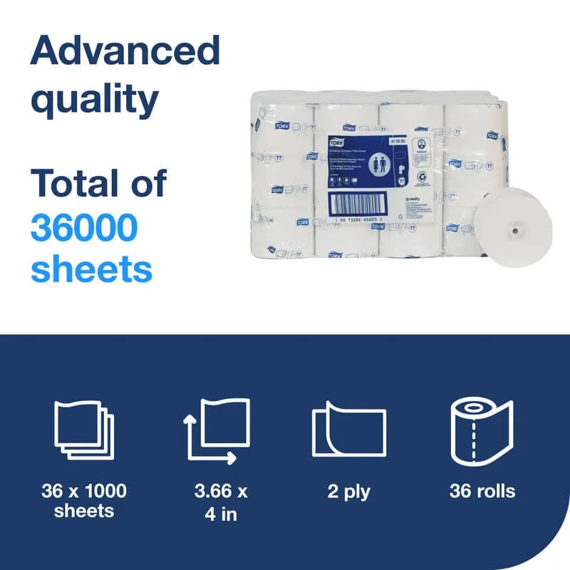 Tork Toilet Paper & Tissue Roll T7 4X3.66 IN 333.333 FT High Capacity Refill Advanced 1000 Sheets/Roll 36 Rolls/Case