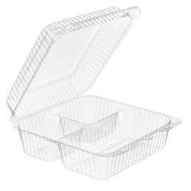 Essentials Take-Out Container Hinged With Dome Lid 8X9X4 IN 3 Compartment RPET Clear Square 200/Case