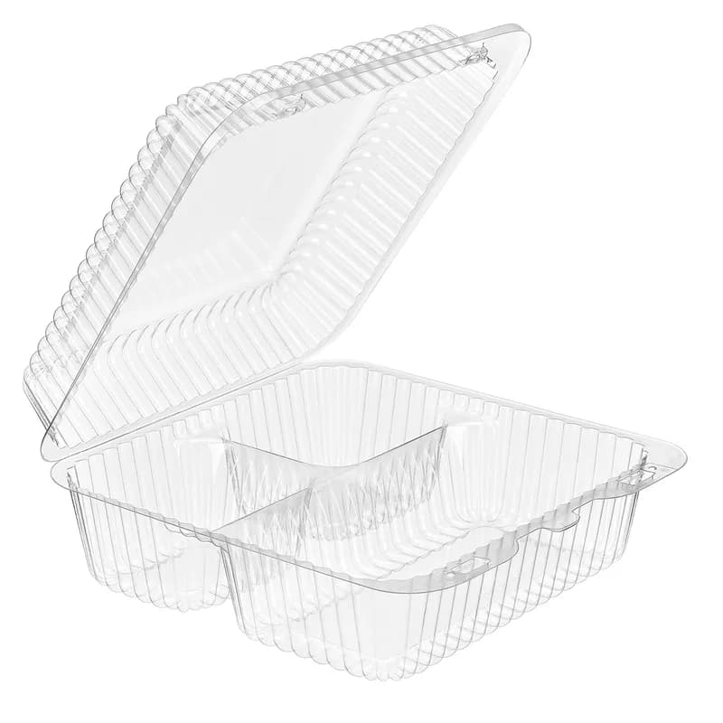 Essentials Take-Out Container Hinged With Dome Lid 8.25X8.75X3.5 IN 3 Compartment RPET Clear Square 200/Case