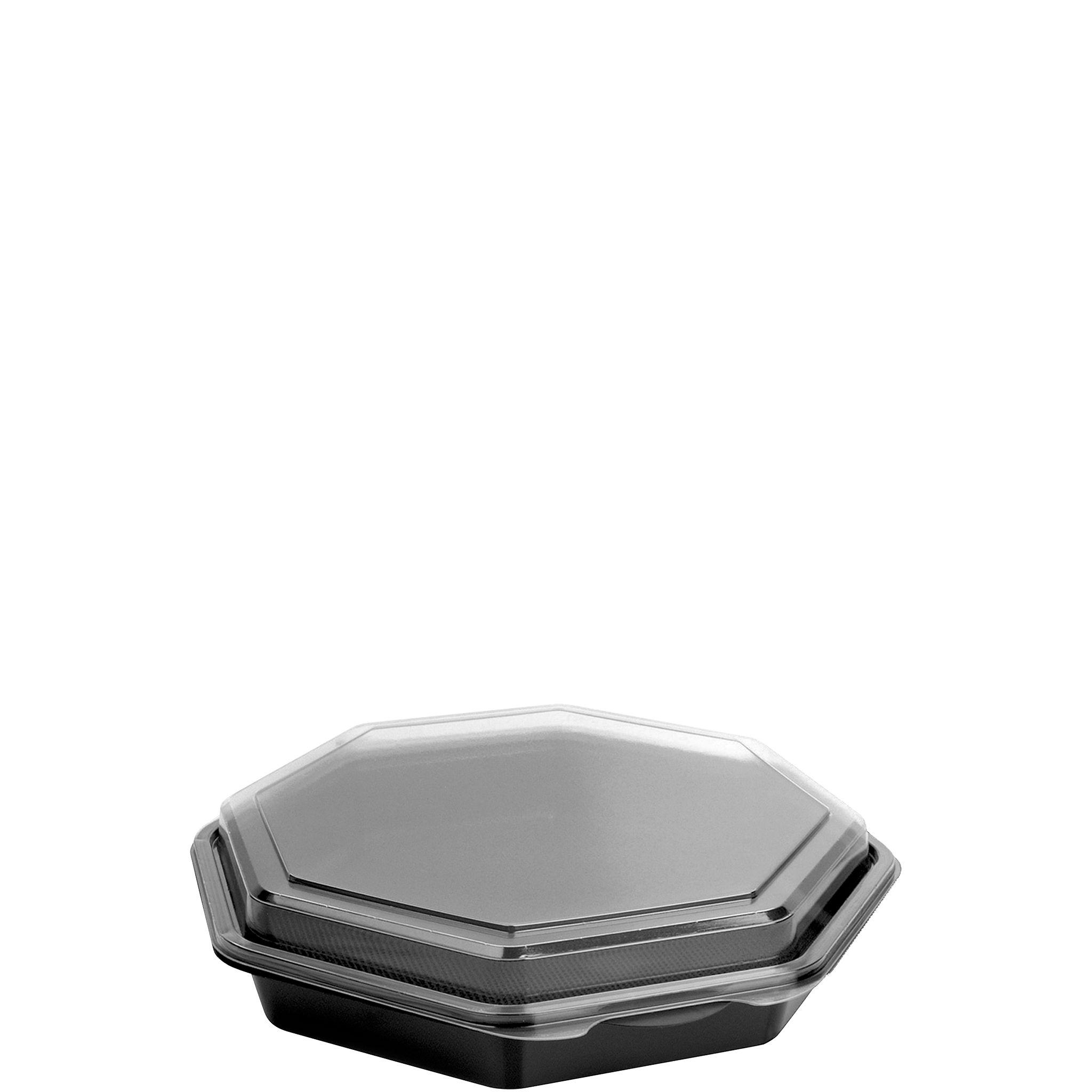 Solo® Creative Carryouts® OctaView® Take-Out Container Hinged With Dome Lid 9.57X9.18X1.97 IN PET Black Clear 100/Case