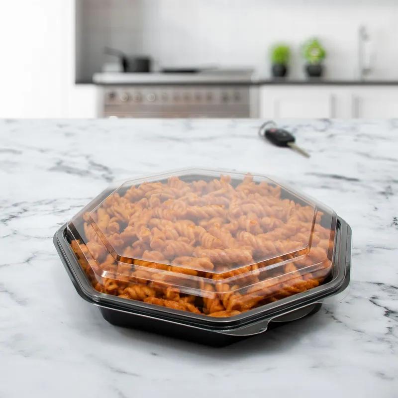 Solo® Creative Carryouts® OctaView® Take-Out Container Hinged With Dome Lid 9.57X9.18X1.97 IN PET Black Clear 100/Case