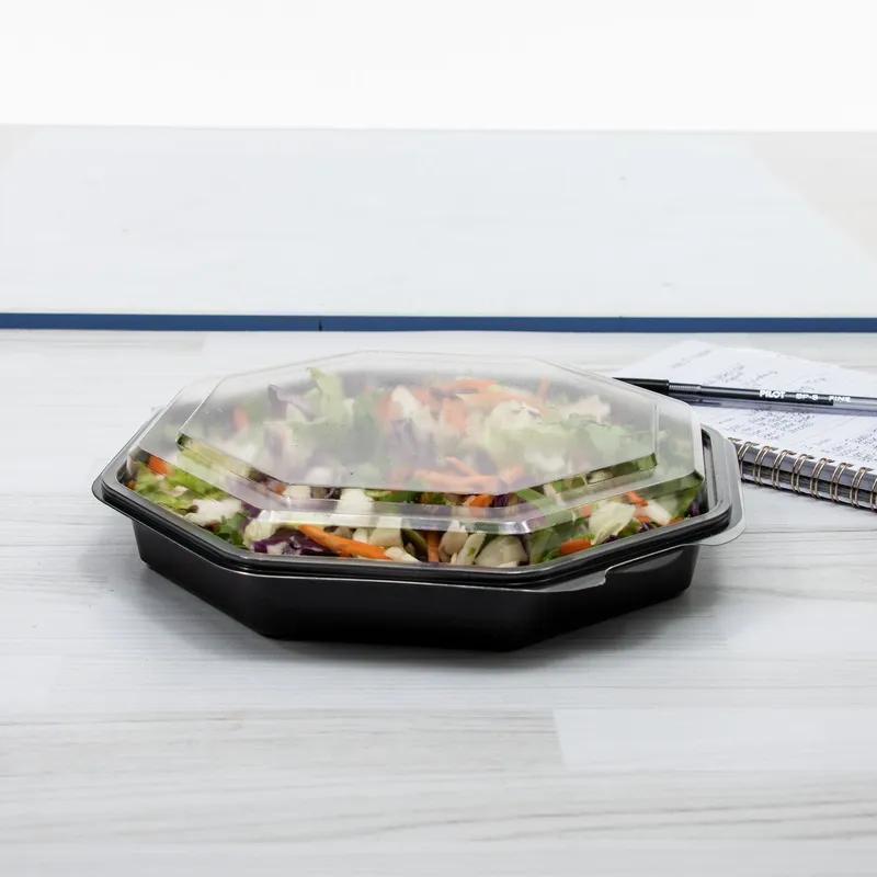 Solo® Creative Carryouts® OctaView® Take-Out Container Hinged With Dome Lid 9.57X9.18X1.97 IN PET Black Clear 100/Case