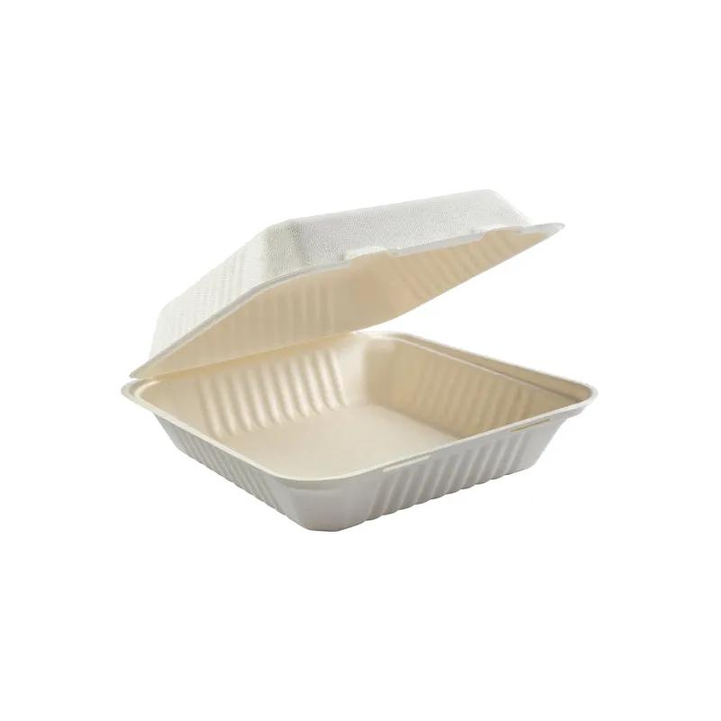 Take-Out Container Hinged Large (LG) 9X9X3.19 IN Molded Fiber Natural Square 100 Count/Pack 2 Packs/Case 200 Count/Case