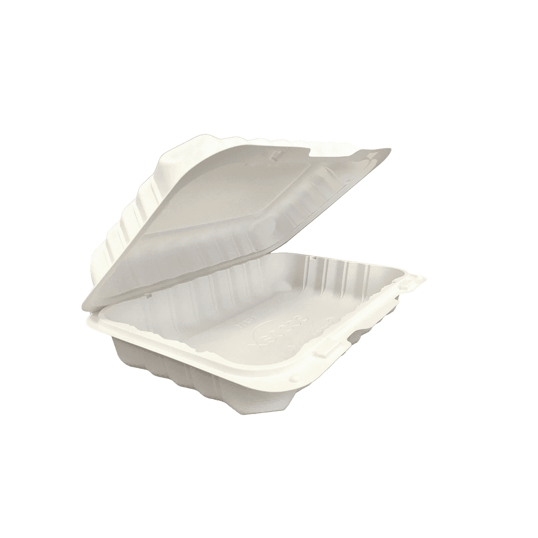 Pebble Box Take-Out Container Hinged 7.88X8X2.5 IN 3 Compartment Plastic Ivory Square Shallow 150/Case