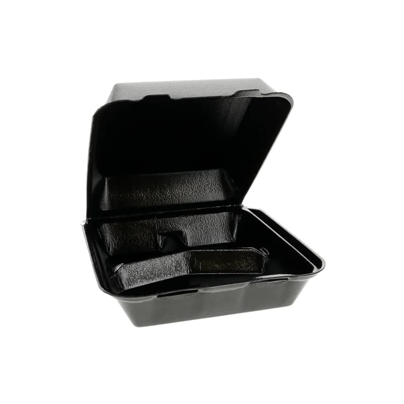 Take-Out Container Hinged With Dome Lid Medium (MED) 8.4X8.4X3.1 IN 3 Compartment Polystyrene Foam Black Square 150/Case