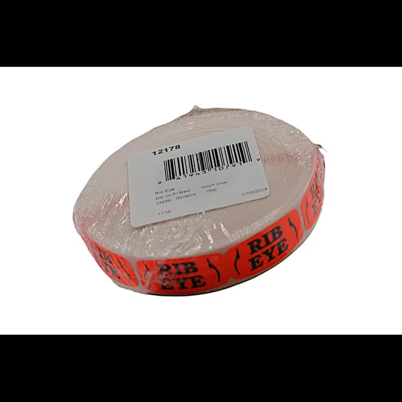 Rib Eye Label 0.625X1.25 IN Black Fluorescent Red Short Oval 1000 Count/Roll 50 Rolls/Case 50000 Count/Case