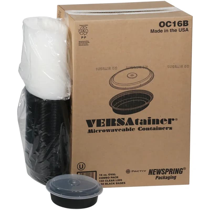 Take-Out Container Base & Lid Combo With Dome Lid 16 OZ PP Black Clear Oval 150/Case