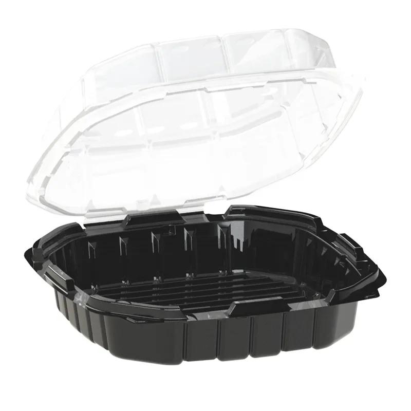 Crisp Food Technologies® Take-Out Container Hinged With Dome Lid 9X9 IN PP Black Clear Square Anti-Fog 100/Case